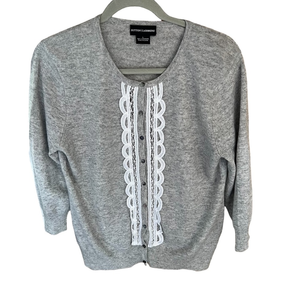 Sutton Cashmere Gray Cardigan with White Lace Detail
